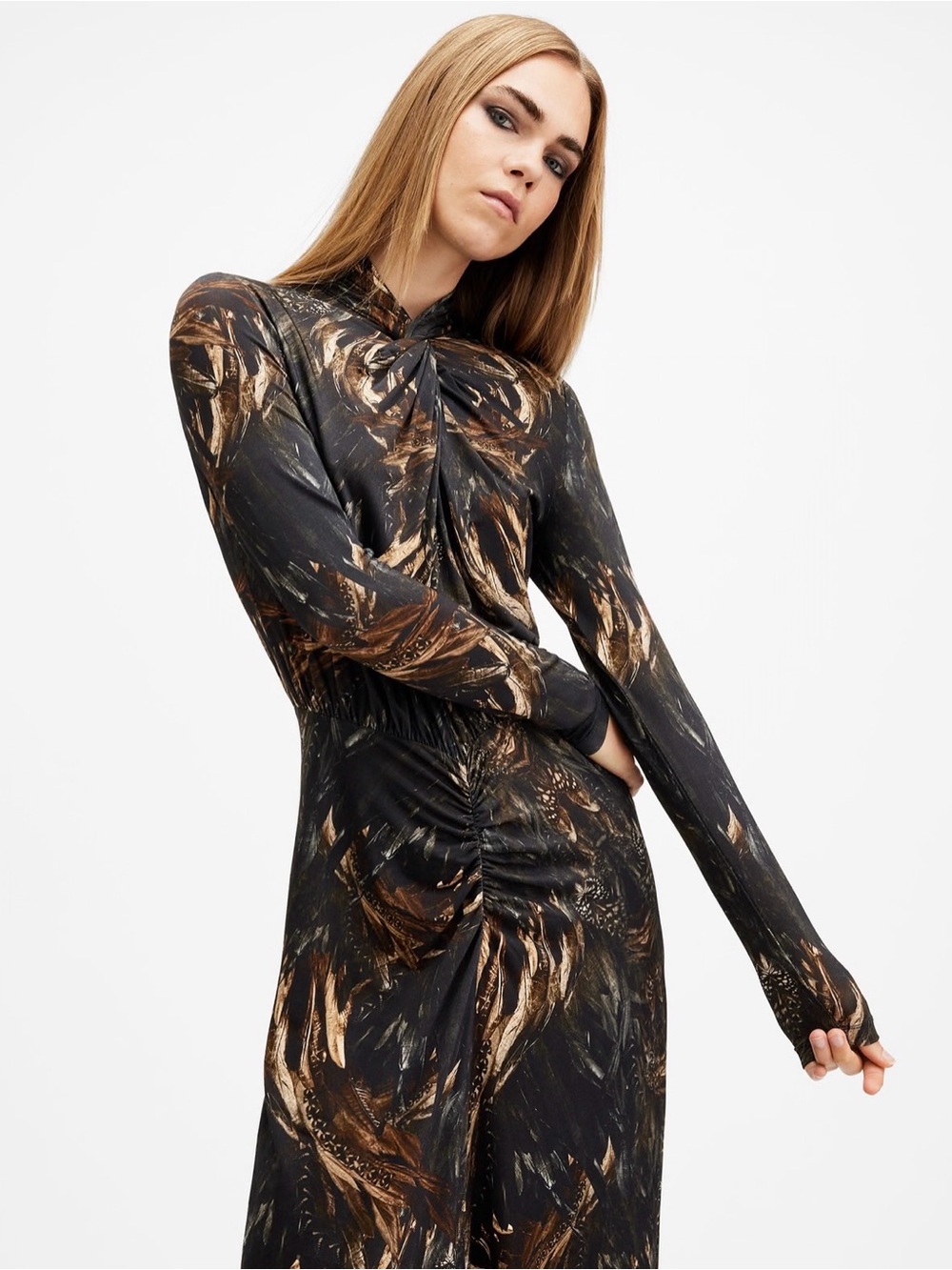 AllSaints Black and Bronze Feather-Print Maxi Dress - Picture 2 of 6